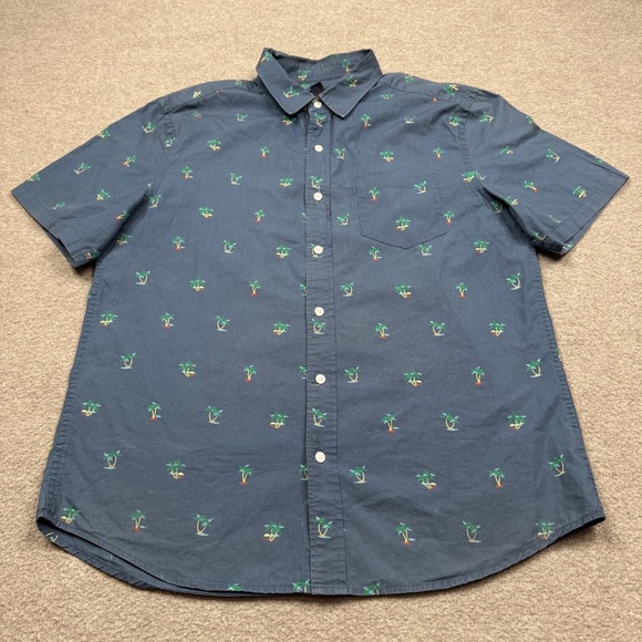 Gap Mens Shirt Size L Blue Short Sleeve Collared Button Up Palm Tree AOP Slim - Picture 2 of 4
